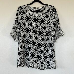 Solitaire Black White Embroidered Tunic Top  Scalloped Hem Women's Size 1X